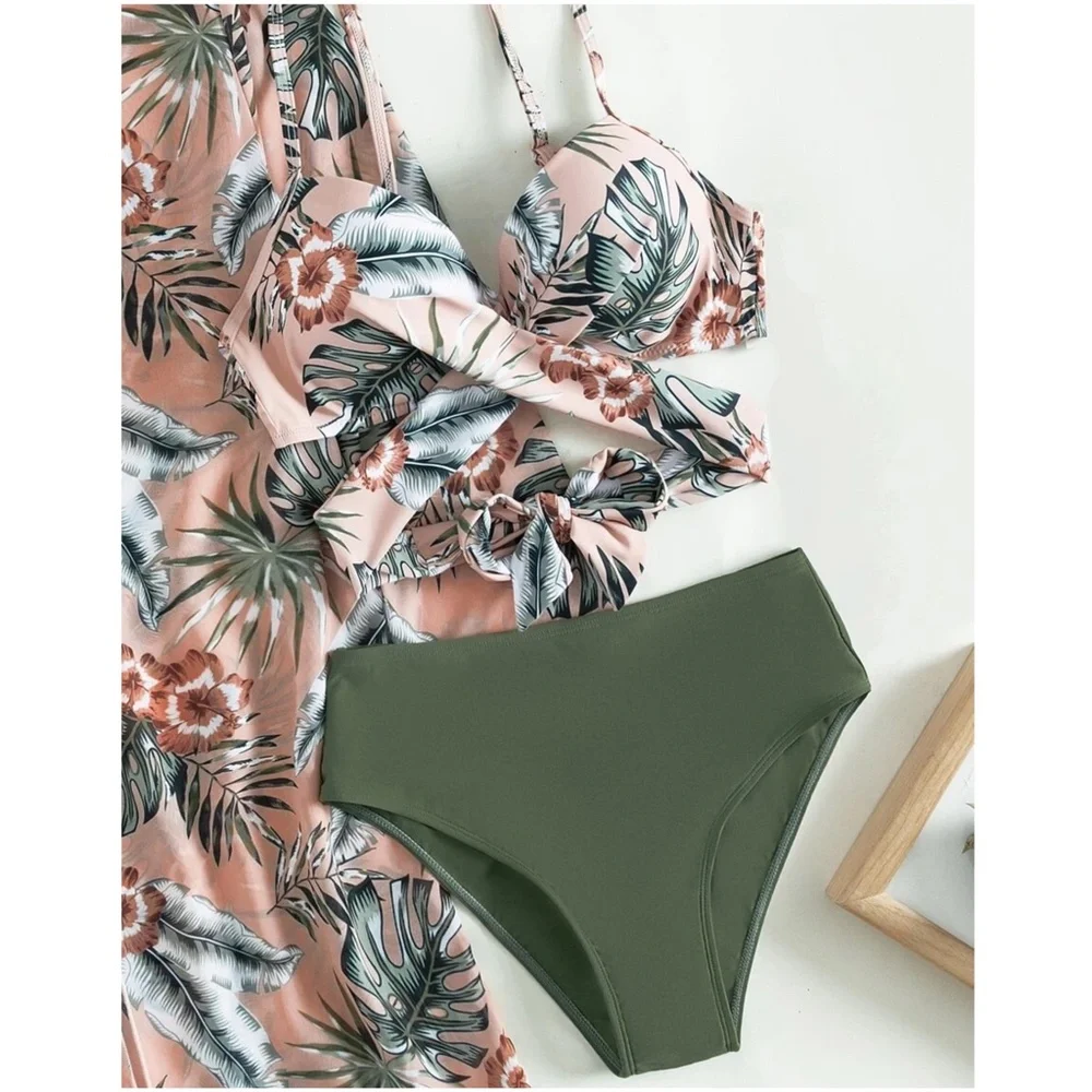 Floral Tropical Print Cut out High Waisted Bikini Kimono Beach - Picture 7 of 7